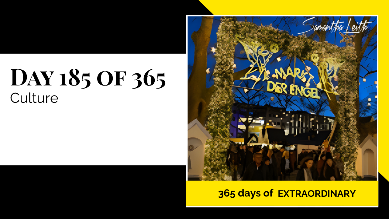 Dramatic evening photograph of a historic German Christmas market entrance ("Markt der Engel") illuminated by string lights and surrounded by trees, used to illustrate a blog post about international culture, European travel, and holiday traditions.