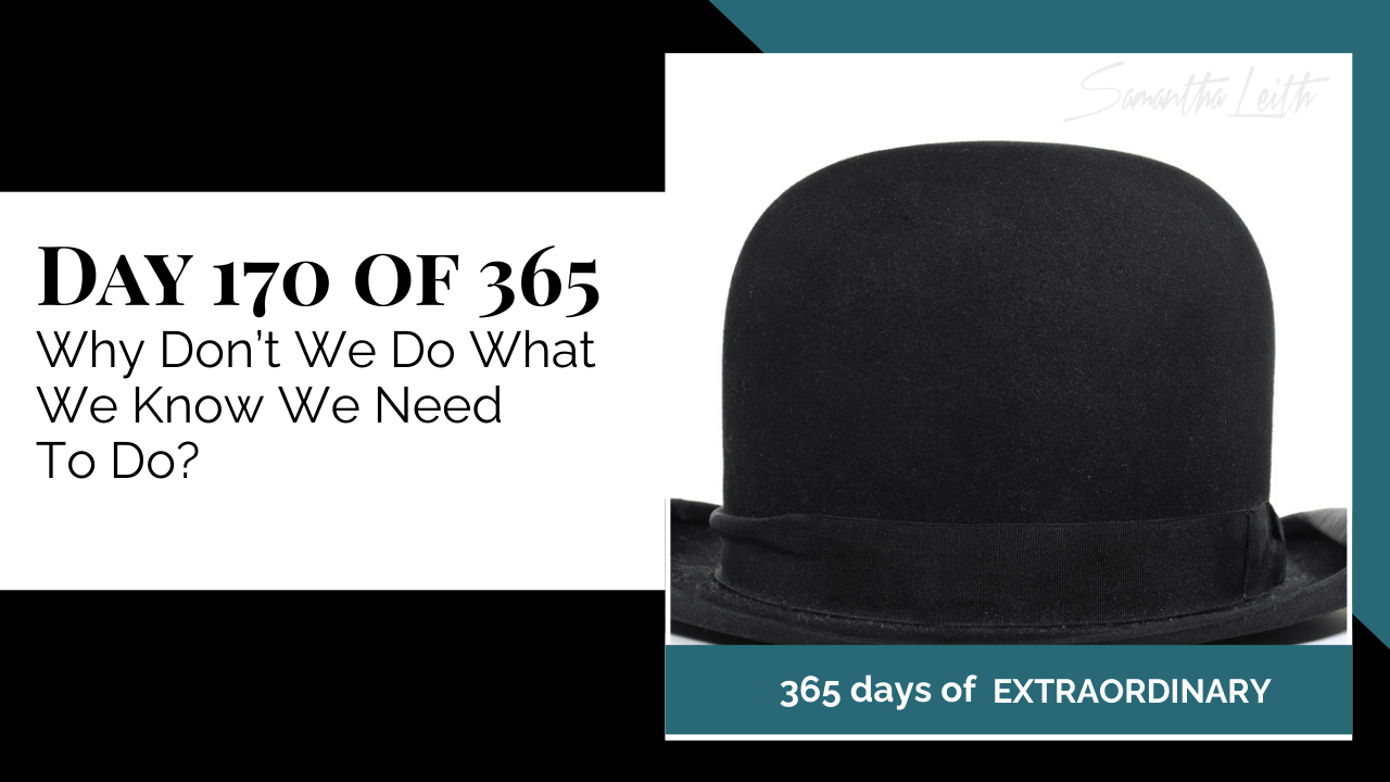 A high-contrast photograph of a black velvet or felt bowler hat on a white background, used as a visual metaphor to explore the psychological barriers, procrastination, and lack of motivation that prevents people from taking necessary action.