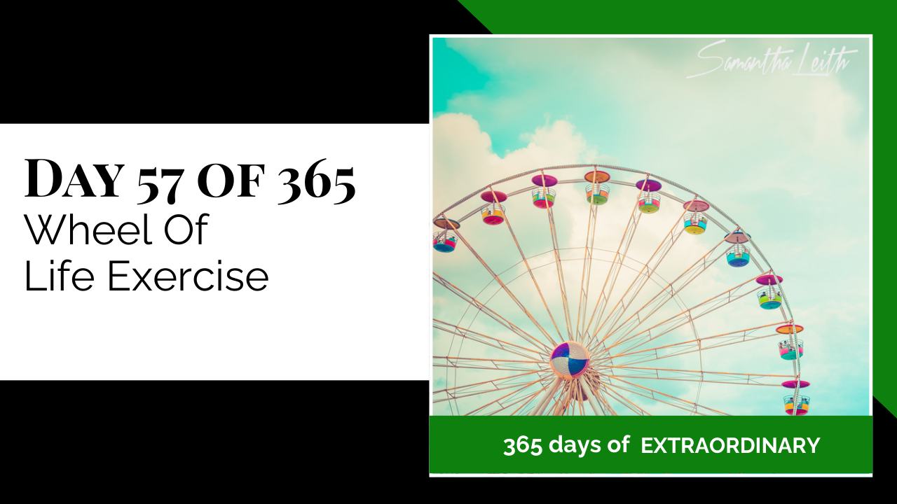 Thumbnail graphic for the 'Wheel of Life Exercise' topic. The image features a large, colorful Ferris wheel against a bright blue and cloudy sky, visually representing the cyclical nature and different sections of the Wheel of Life tool.