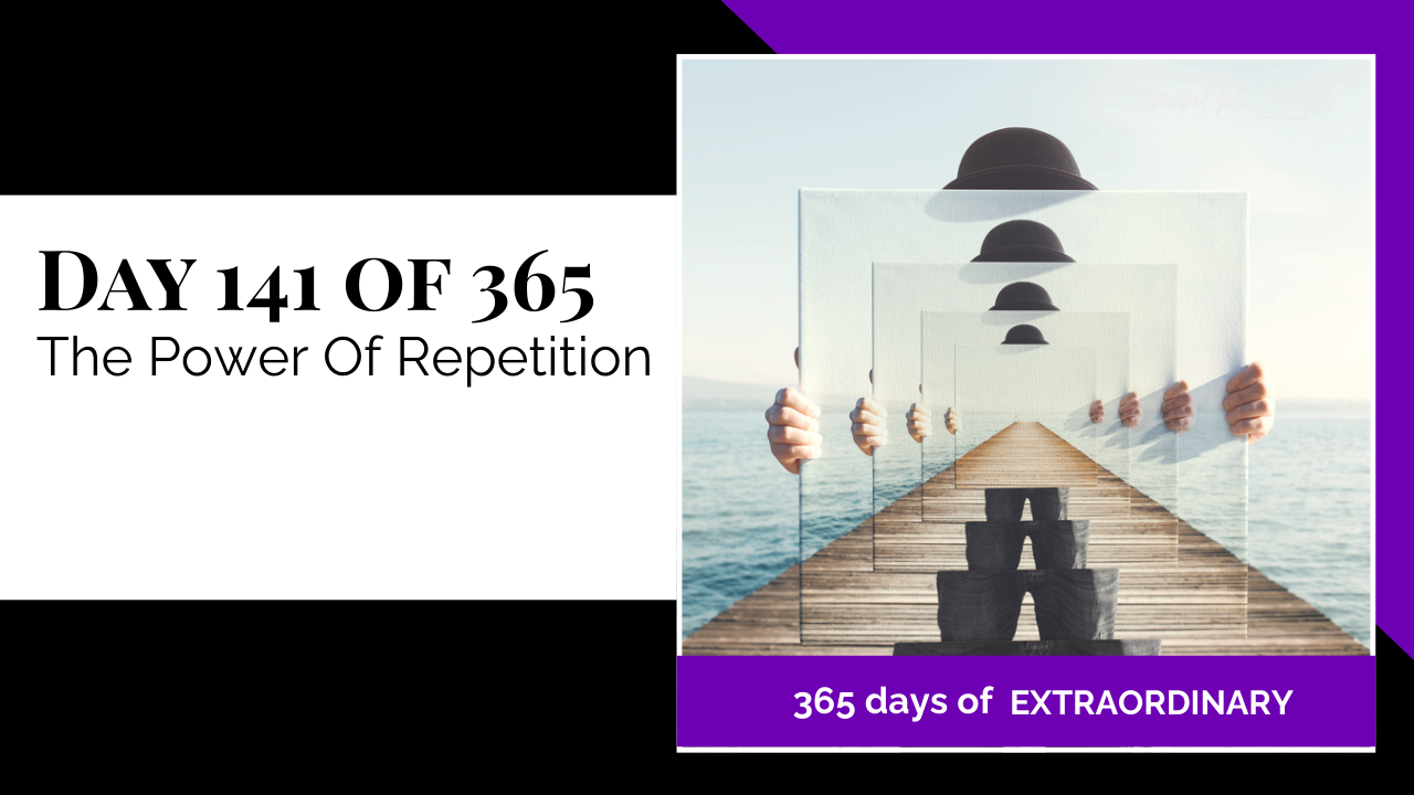 Blog image for Day 141 of Sam Leith's '365 Days of Extraordinary' series, showing a person on a pier holding a framed reflection of a distant vanishing point, creating an infinite, repeating visual loop of the scene (the pier, stacked objects, and a black hat), symbolizing the concept of repetition and habit formation.