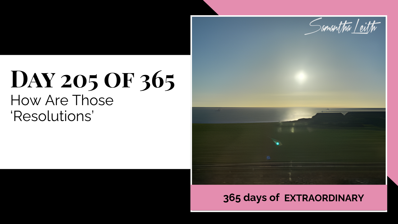 A wide-angle landscape photograph featuring bright sunshine over a green field and ocean horizon, used to visually represent the concept of reviewing New Year's Resolutions, mid-month goal assessment, and maintaining focus on long-term personal and professional goals.