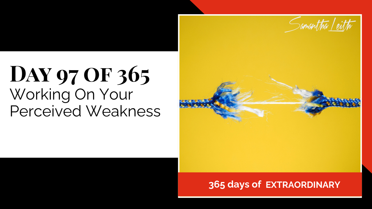 Blog image for Day 97 of Sam Leith's '365 Days of Extraordinary' series, showing a blue and yellow rope snapping and fraying at the center against a bright yellow background, symbolizing breaking through weakness or tension.