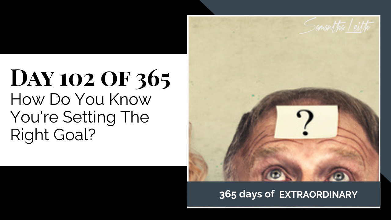 Blog image for Day 102 of Sam Leith's '365 Days of Extraordinary' series, showing a close-up of a person's forehead with a sticky note featuring a large question mark, symbolizing confusion about setting the right goals.