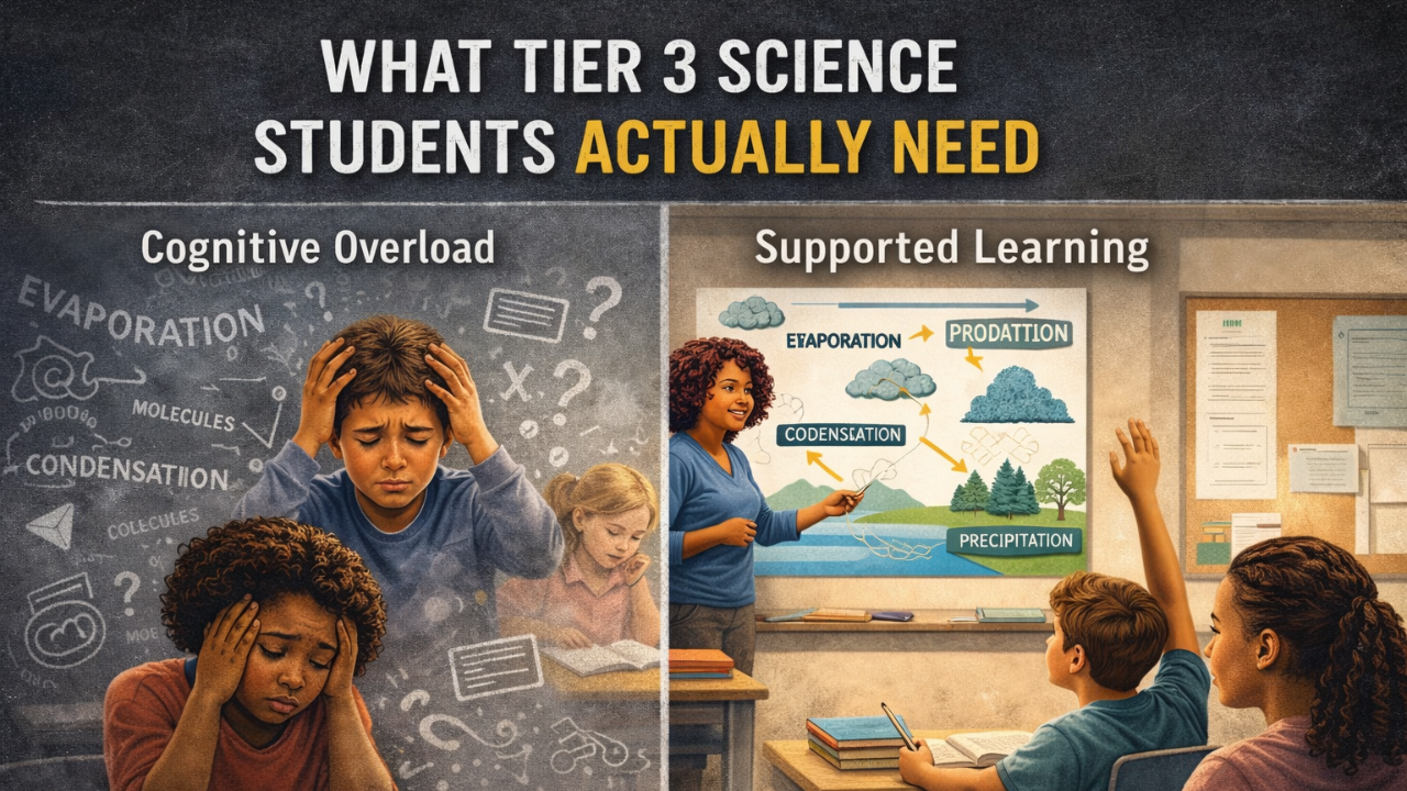 infographic showing what Tier 3 science students actually need, comparing cognitive overload with supported learning through visual anchors, structured routines, and reduced cognitive load in science instruction.