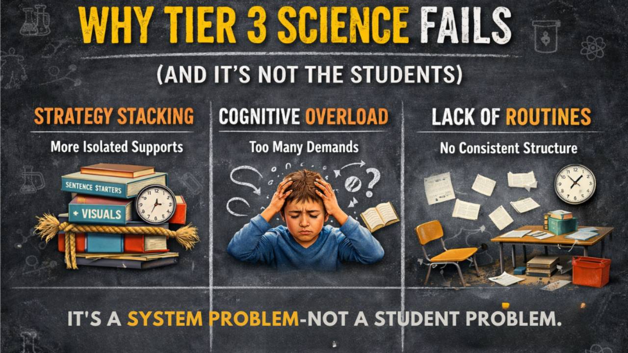 Infographic explaining why Tier 3 science instruction fails, highlighting strategy stacking, cognitive overload, science learning gaps, and lack of instructional routines, emphasizing that Tier 3 science challenges are a system problem—not a student problem
