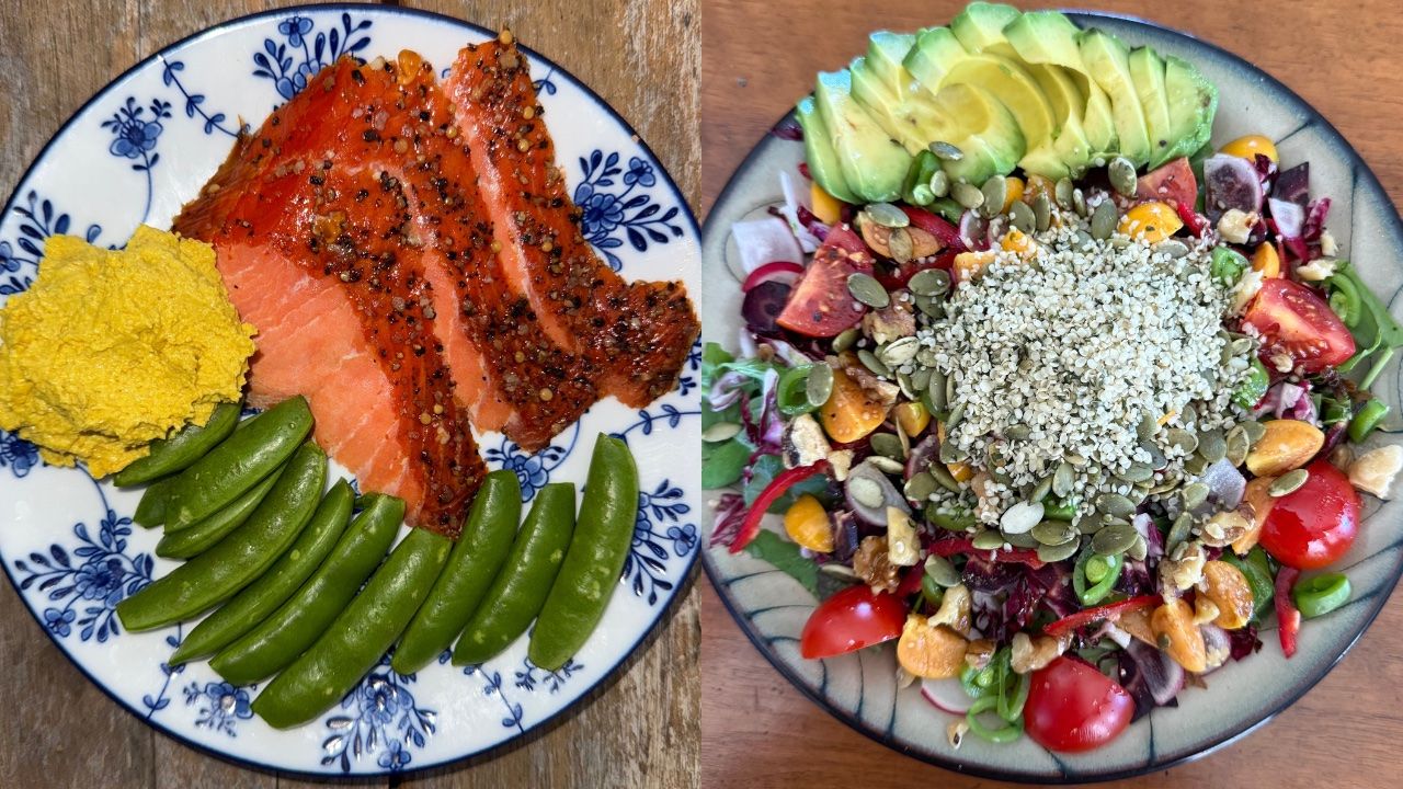 Two balanced meal plates showing nutritious whole foods for a menopause diet including protein, healthy fats, and vegetables