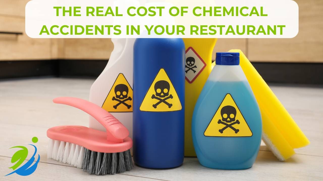 Cleaning bottles with hazard warning labels and a scrub brush on a restaurant floor, symbolizing the dangers and real costs of chemical accidents in restaurant environments.
