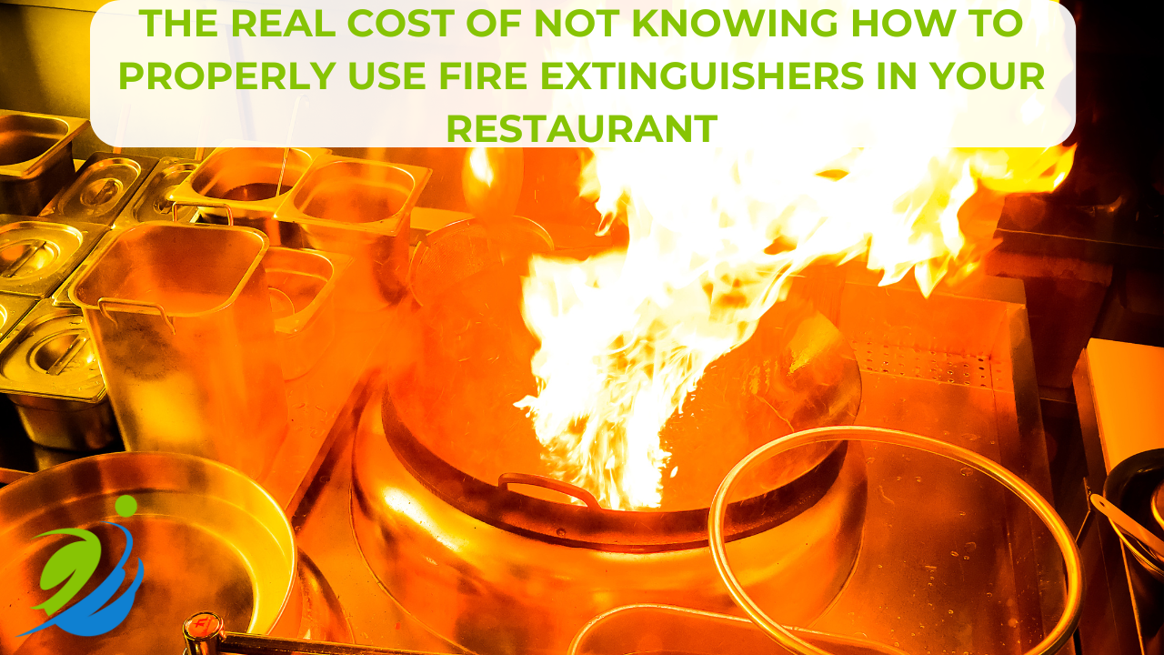 Intense kitchen fire on a stovetop surrounded by metal containers—highlighting the dangers of restaurant fires and the importance of knowing how to use the correct fire extinguisher.