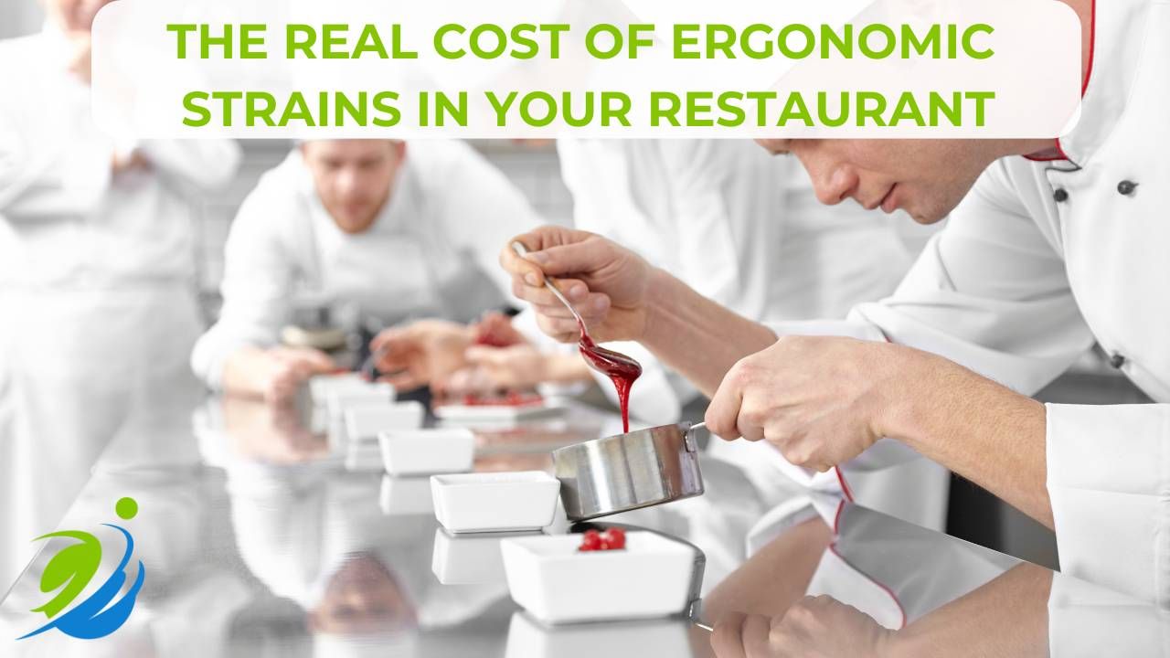 Chefs leaning over plating food in a busy kitchen, demonstrating the risk of ergonomic strain in restaurant work.