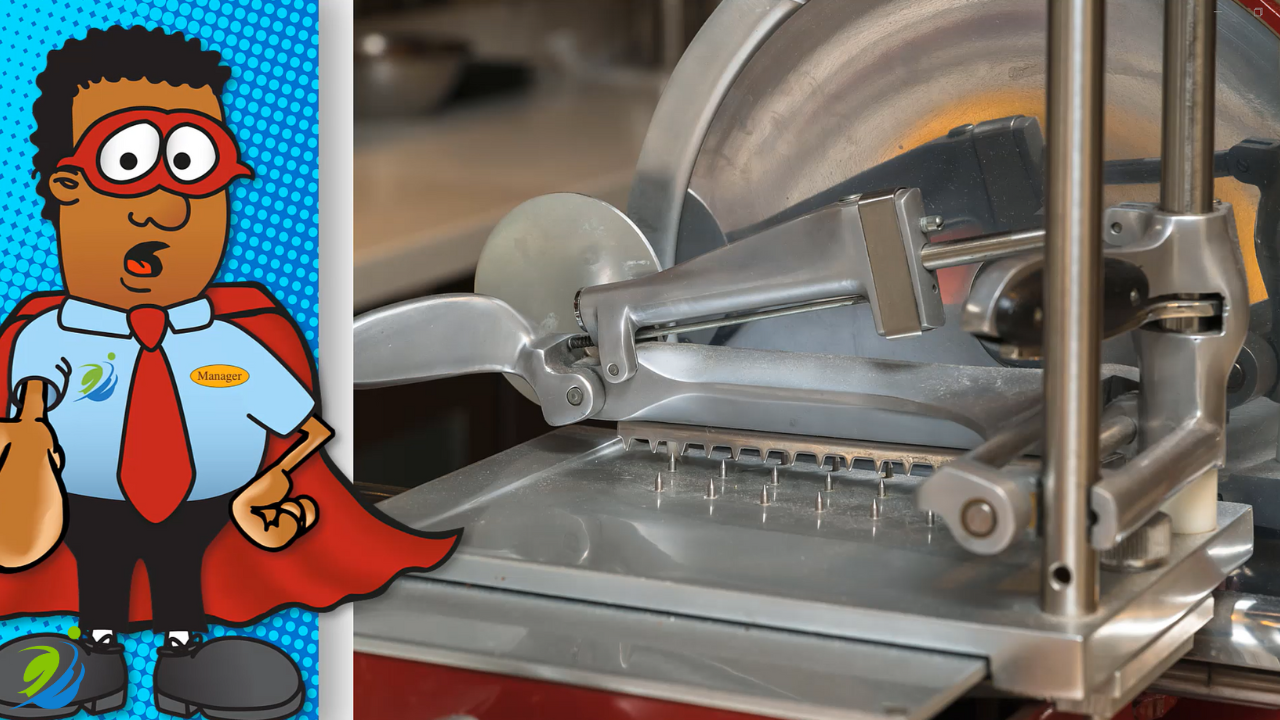 Cartoon REST safety manager in superhero cape pointing toward a commercial meat slicer, illustrating the concept of hidden restaurant hazards and the importance of spotting dangers before they cause accidents.