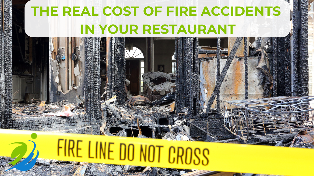 Burned and charred remains of a restaurant interior cordoned off with yellow “Fire Line Do Not Cross” tape, illustrating the devastating aftermath and real costs of fire accidents in restaurants.
