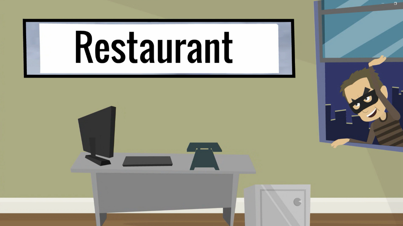 Cartoon image of a robber sneaking through a restaurant window at night while a computer and safe sit inside, used as part of the Robbery Prevention Song for Restaurant Employee Safety Training.