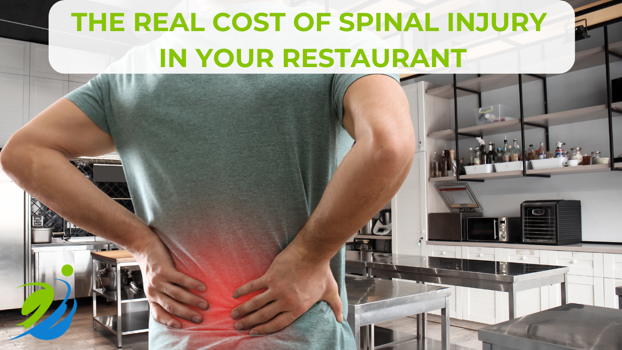 Restaurant kitchen worker holding lower back, illustrating the risk and real costs of spine or back injuries in restaurant work.