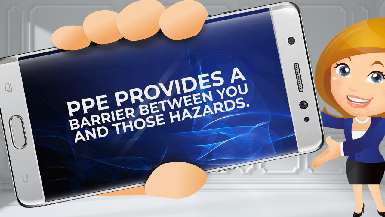 Cartoon restaurant manager in business attire smiling and pointing at a large smartphone screen displaying the message “PPE provides a barrier between you and those hazards.”