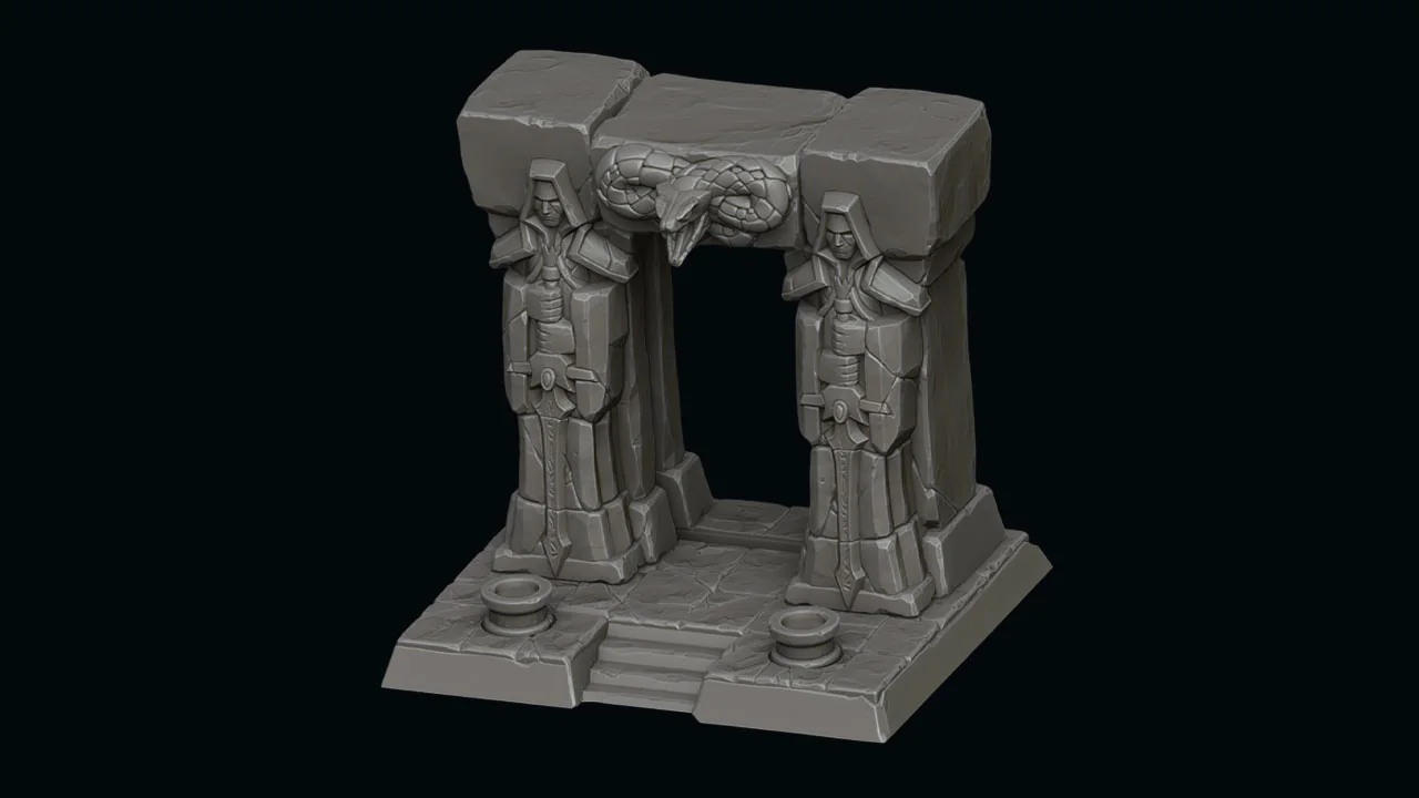 Esculpido del Dark Portal con detalle en piedras, estatuas y serpiente