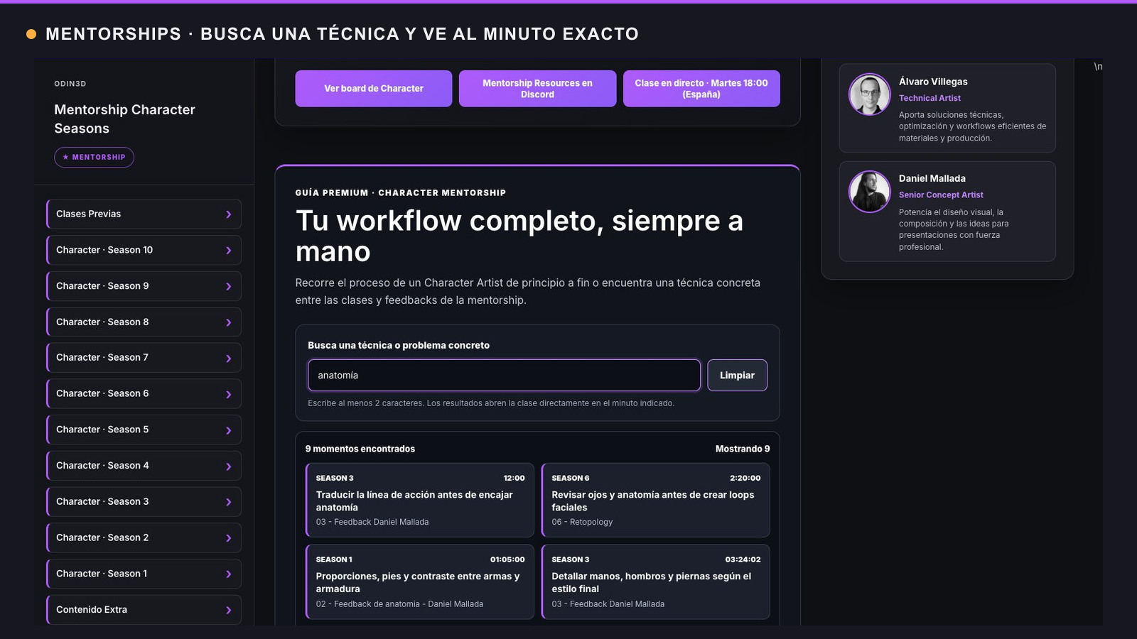 Buscador de Mentorship Character con resultados de anatom&iacute;a por temporada y minuto.