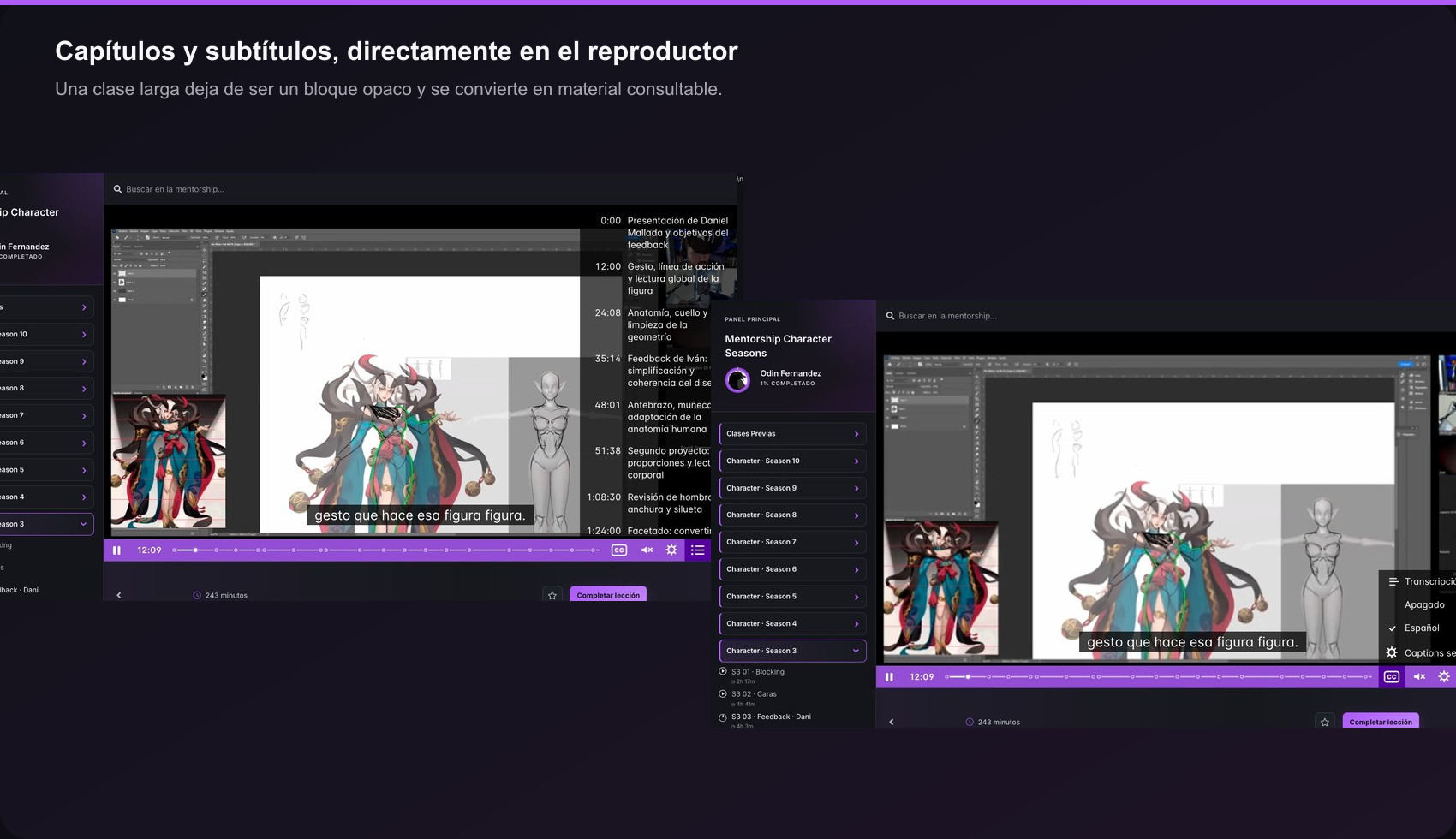 Reproductor de una clase de Odin3D mostrando cap&iacute;tulos y subt&iacute;tulos en espa&ntilde;ol.