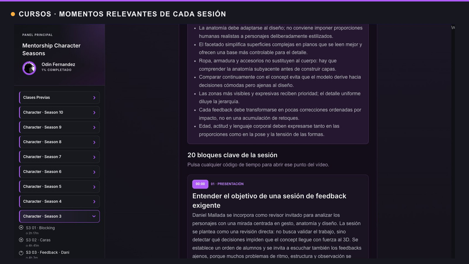 Descripci&oacute;n de una clase con veinte bloques clave y botones de tiempo.