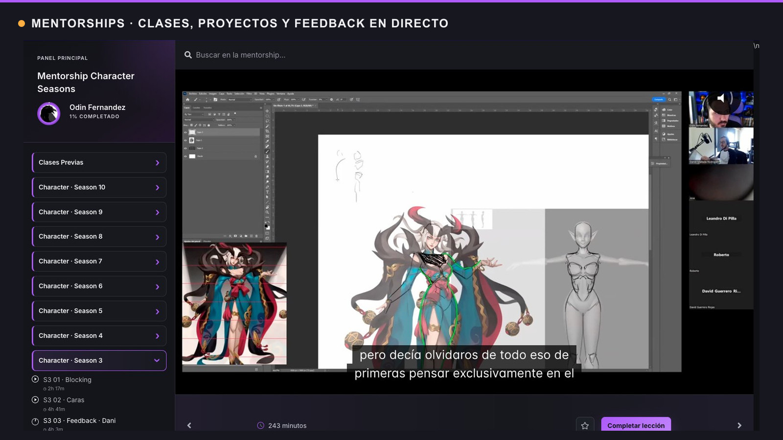 Clase real de Mentorship Character con docente, alumnos y proyecto en pantalla.