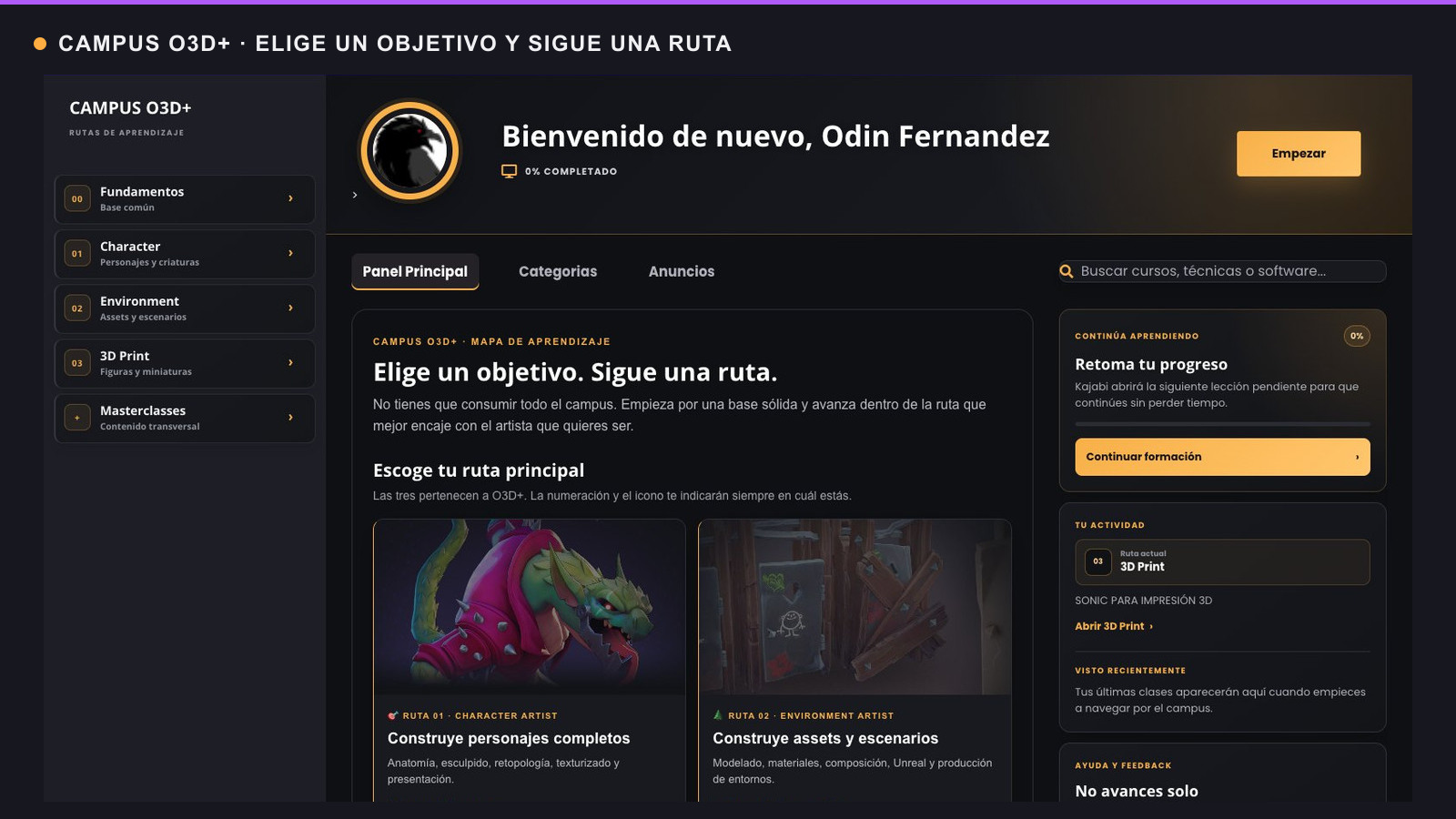 Nuevo Campus O3D+ con rutas de Fundamentos, Character, Environment, 3D Print y Masterclasses.