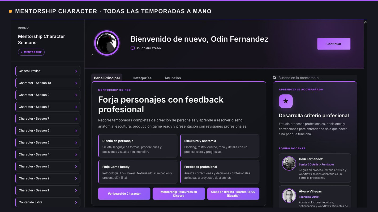 Nuevo panel de Mentorship Character con todas las temporadas visibles en el men&uacute; lateral.