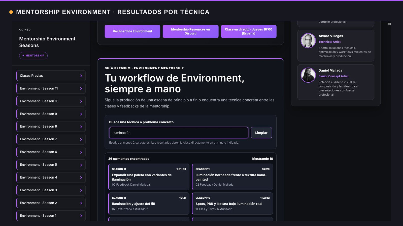 Buscador de Mentorship Environment con resultados sobre iluminaci&oacute;n y tiempos exactos.