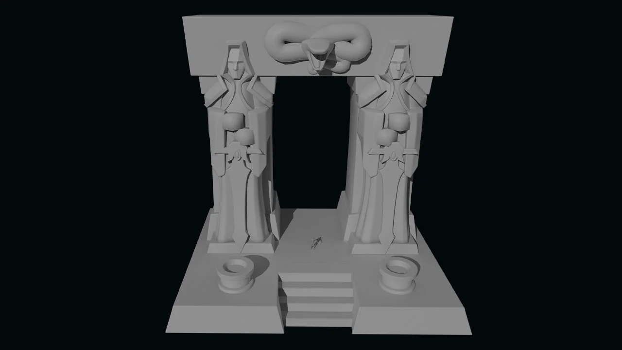 Blocking del Dark Portal con estatuas, serpiente y hueco central para el teléfono