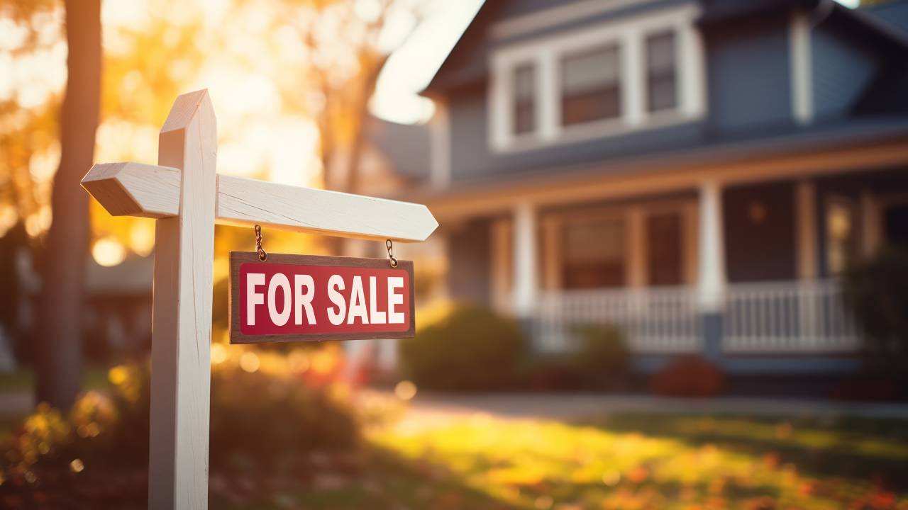 A "For Sale" sign stands in front of a house with a large porch, inviting buyers looking to buy a house cheap, as sunlight illuminates the yard and the home's exterior.