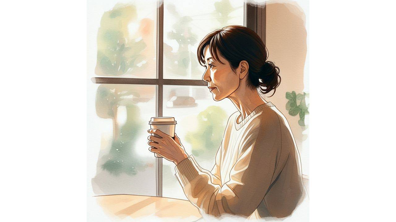 カフェでコーヒーを飲みながら、物思いにふける52歳の女性。人生の第二章について考え、静かな希望を探している様子。