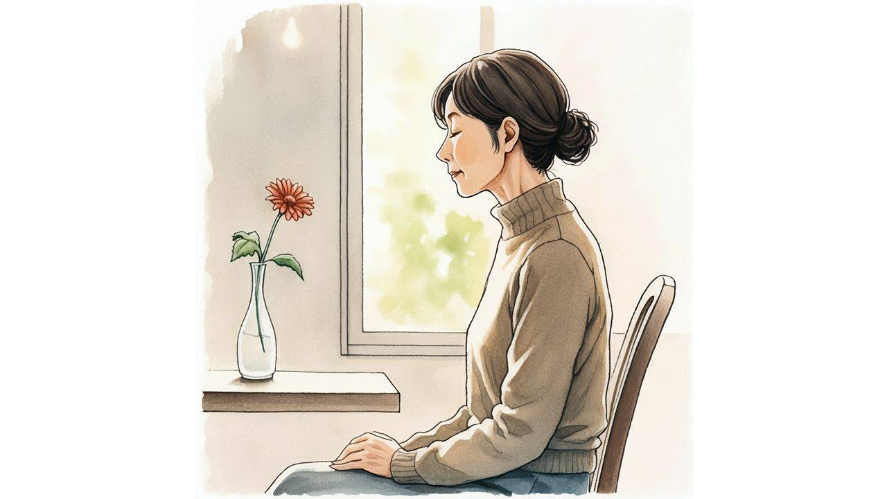 窓辺で穏やかに深呼吸をする40代の女性。カロリー計算から解放され、心と体を整えるイメージ。