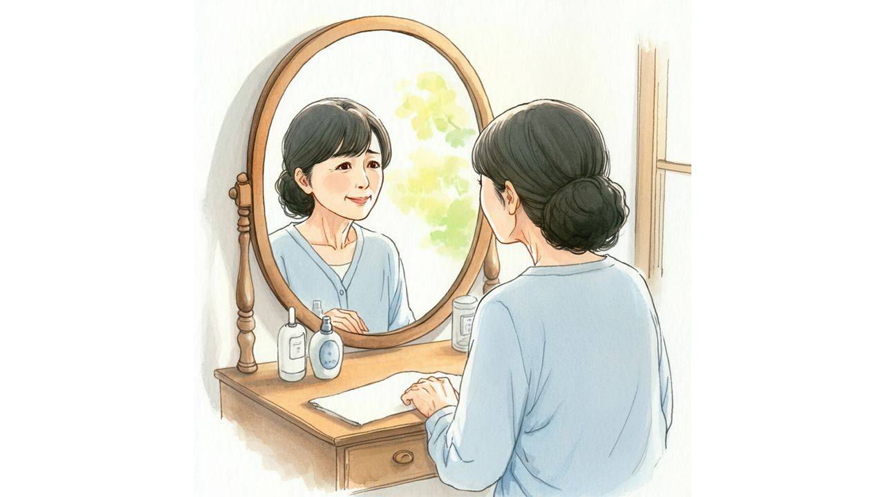 鏡の中の自分に優しく微笑みかける40代の女性。自己肯定感を取り戻した様子。