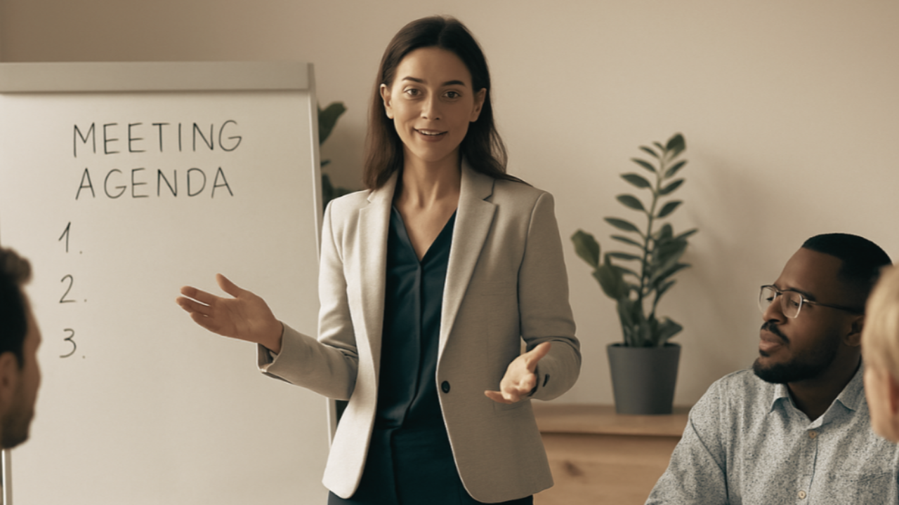 A woman trying to have an interesting meeting with a flip chart with the words meeting agenda written on it - Corporate Gems