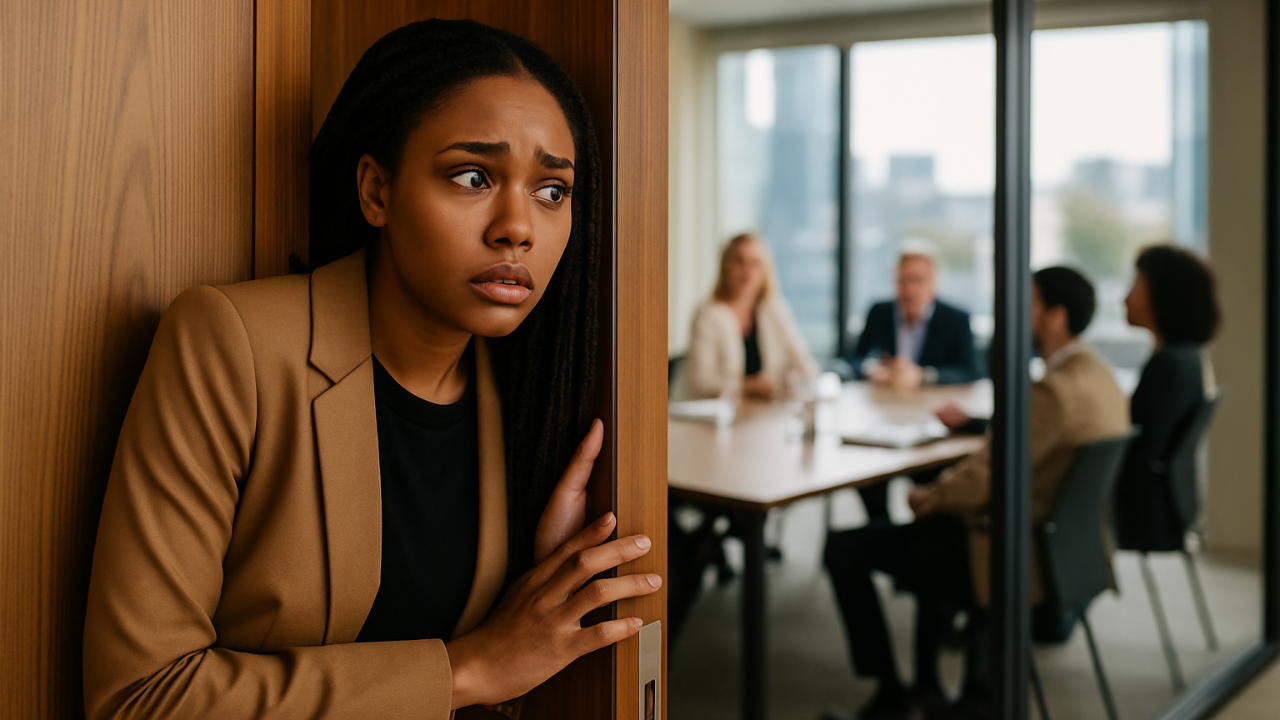 Business woman peeking from behind a door, scared to enter a meeting - Corporate Gems