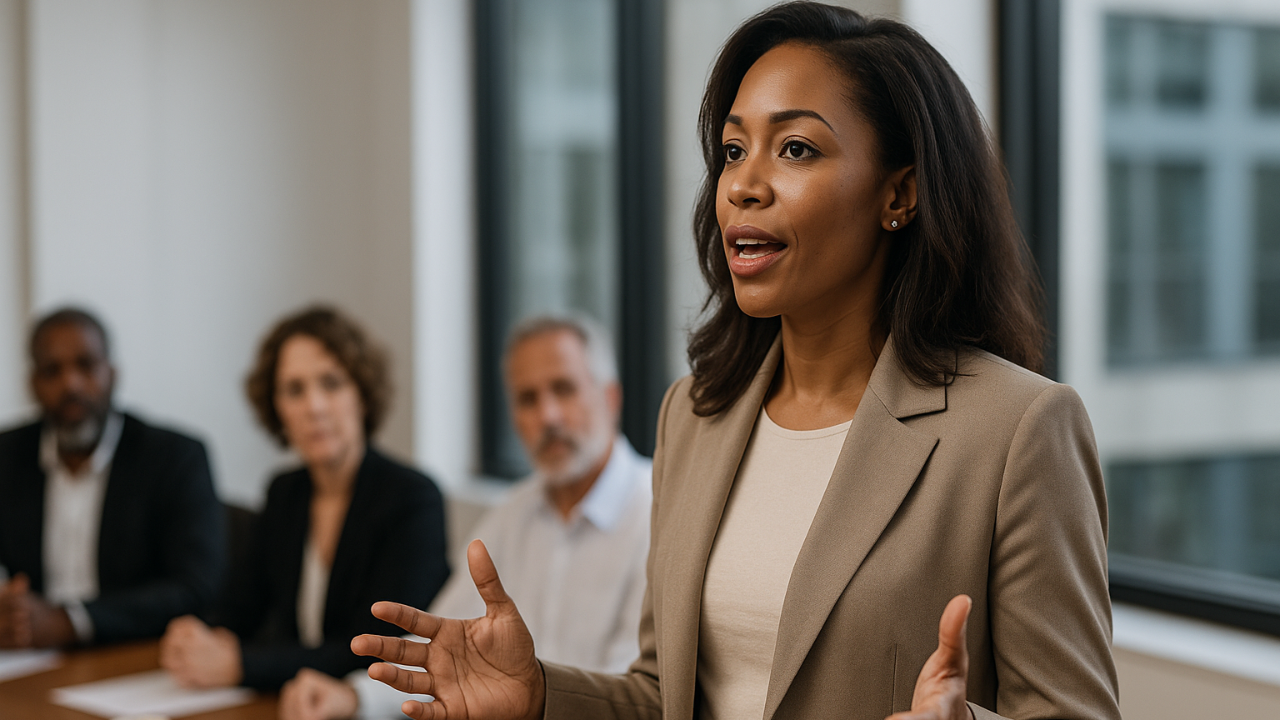 Professional African American woman confidently speaking in a modern boardroom while colleagues listen attentively - Corporate Gems