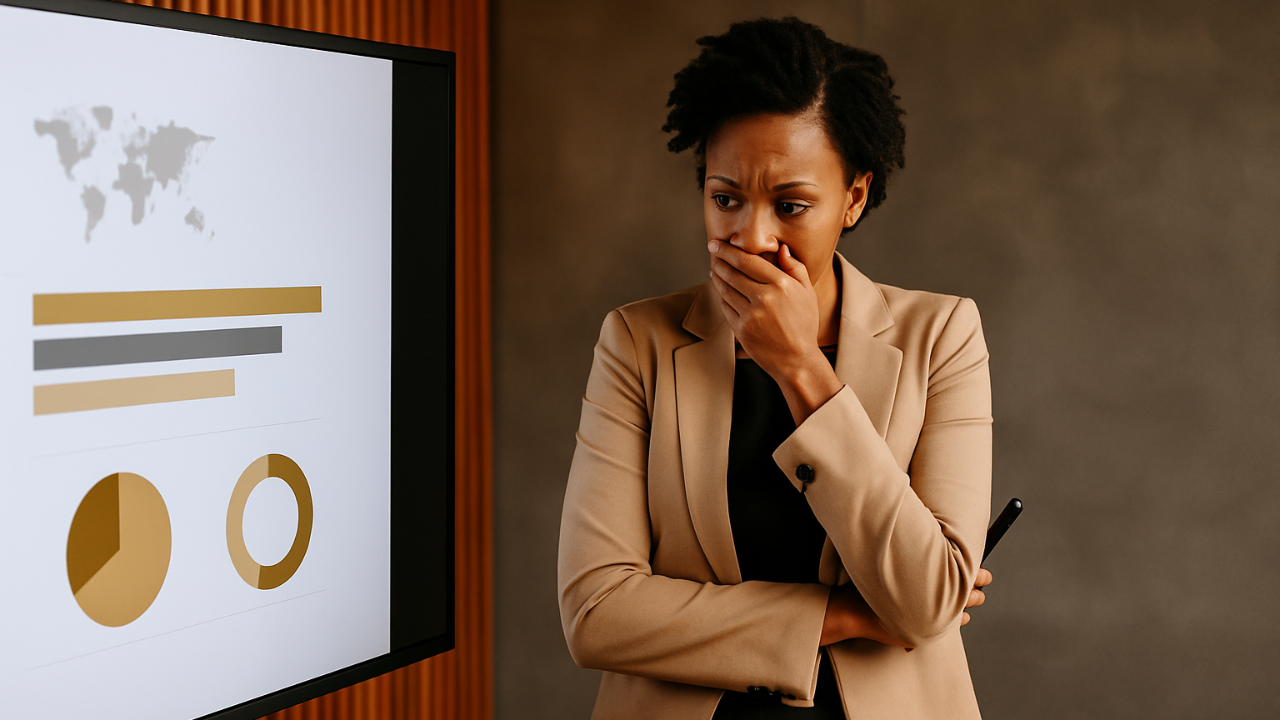 A woman looking at her presentation slide with her hand over her mouth trying to overcome her fear of presenting - Corporate Gems