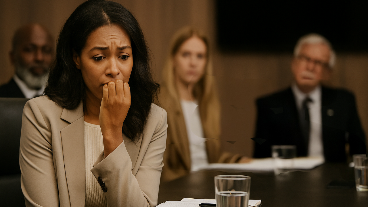 Professional woman seated in a boardroom, visibly nervous but preparing to speak - Corporate Gems