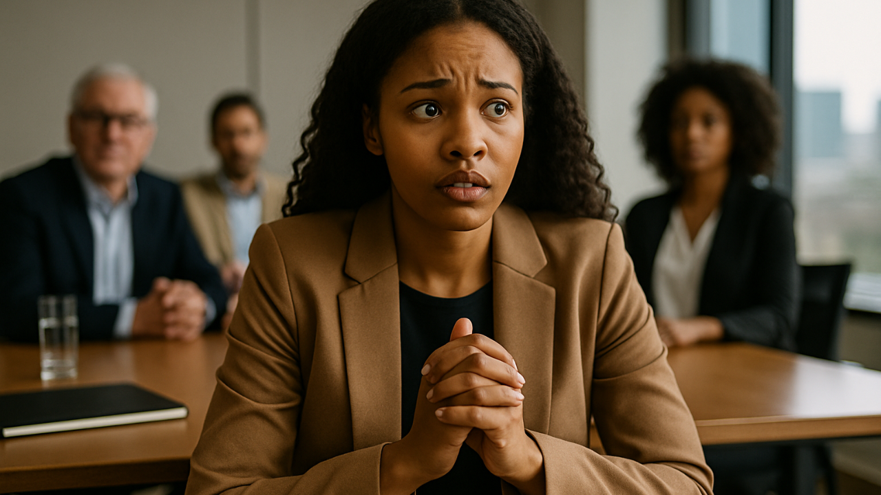 Nervous Woman in meeting afraid to speak - Corporate Gems