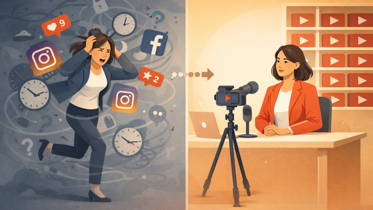 Woman entrepreneur transforming from social media overwhelm to calmly recording YouTube videos to build authority online