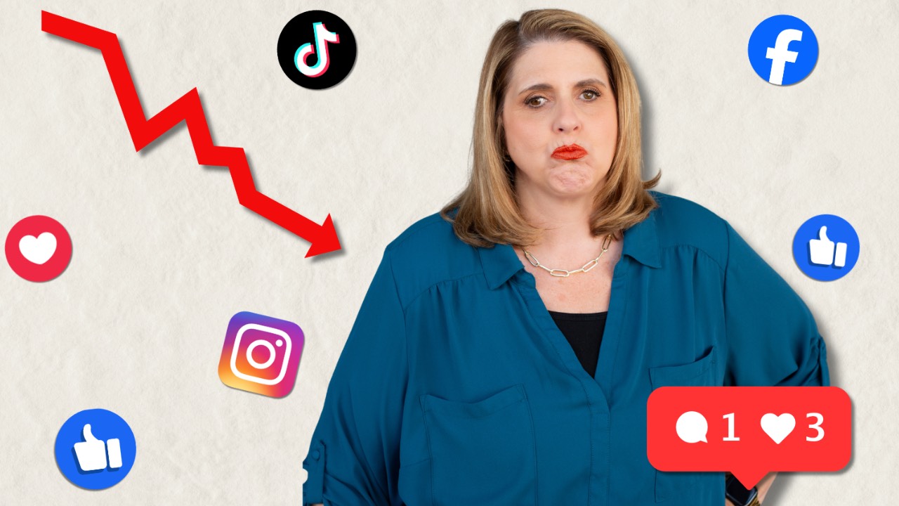 YouTube strategist Kathy Sizemore surrounded by declining social media engagement metrics illustrating why YouTube for business outperforms social media for service businesses