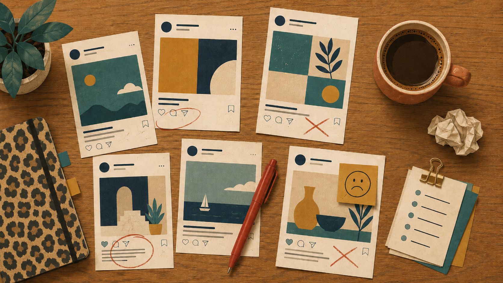 Retro-styled illustrated social media post cards scattered across a warm oak desk with a leopard print notebook, terracotta coffee mug, crumpled paper, and a sad face sticky note showing the futility of social media marketing for service-based businesses