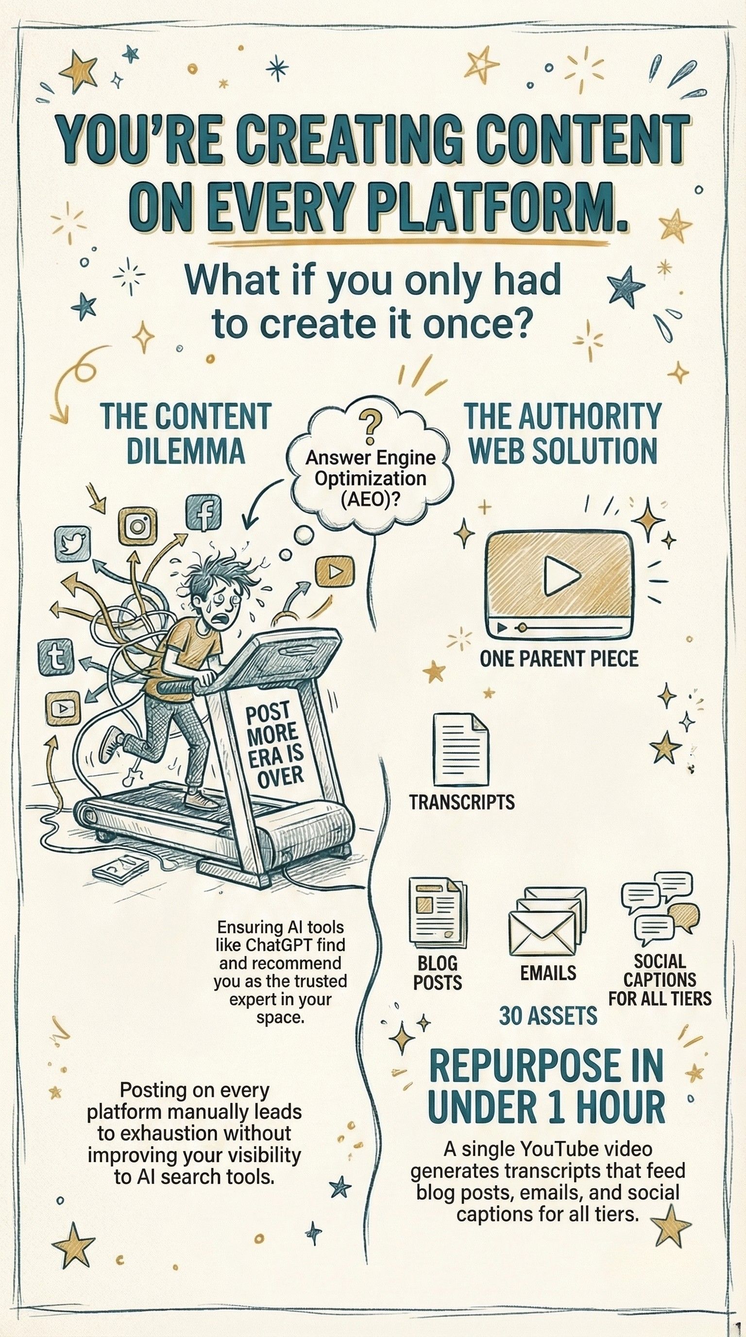 Authority Web infographic showing how one YouTube video becomes 25 to 30 pieces of answer engine optimization content