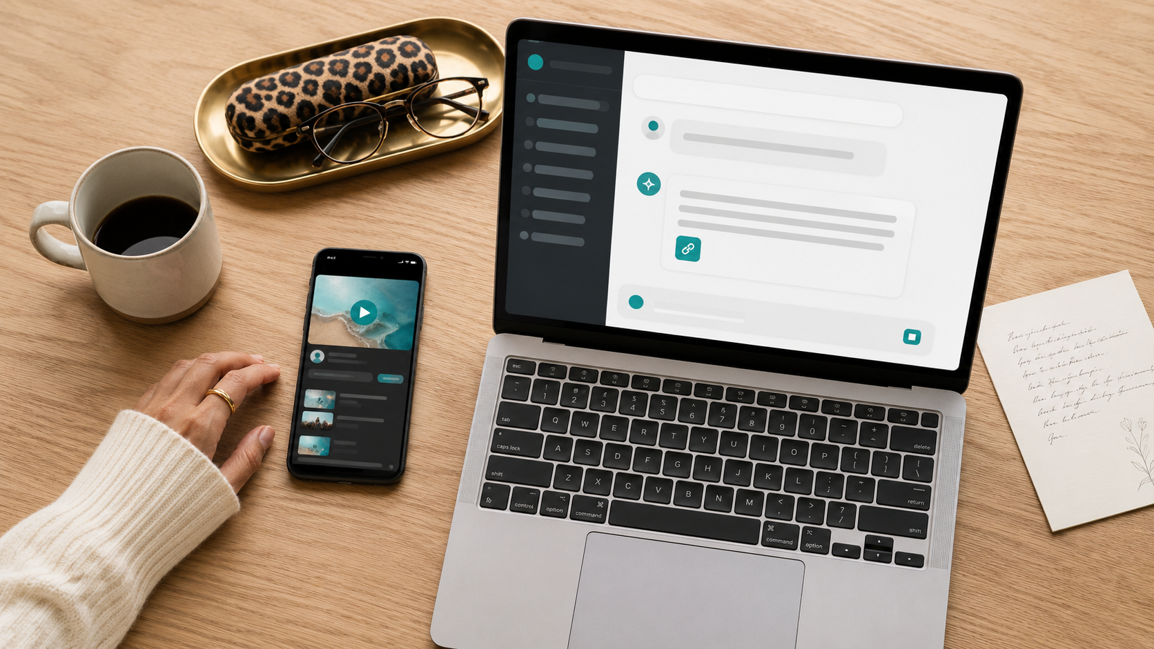 Desk flat lay showing a smartphone with YouTube video thumbnails next to a laptop displaying an AI chat interface with citation links, leopard print glasses case on brass tray, coffee mug, and handwritten notes on natural wood desk