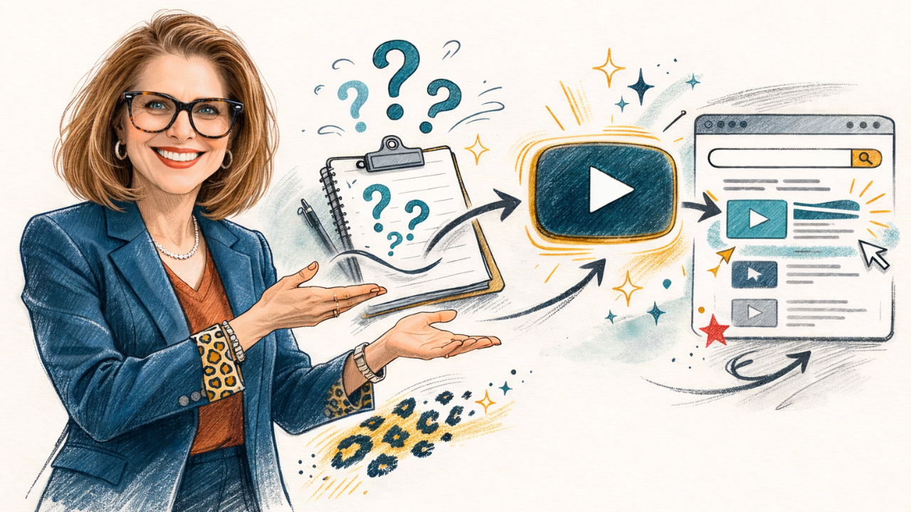 Kathy Sizemore YouTube Strategist for Business Owners sketch showing questions becoming searchable videos