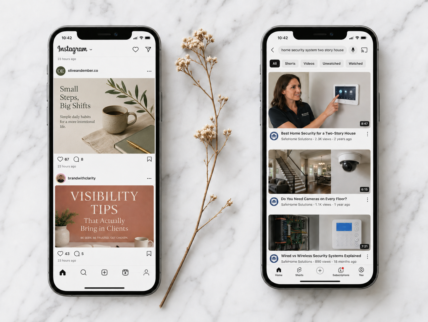 Side-by-side comparison of an Instagram feed showing posts from 23 hours ago already being buried with modest engagement, next to YouTube search results for home security system two story house showing videos published one to two years ago still ranking with thousands of views