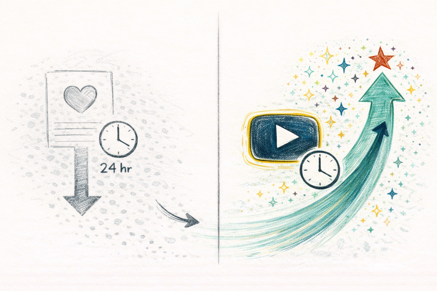 Social media content disappearing in 24 hours versus YouTube videos compounding visibility for months