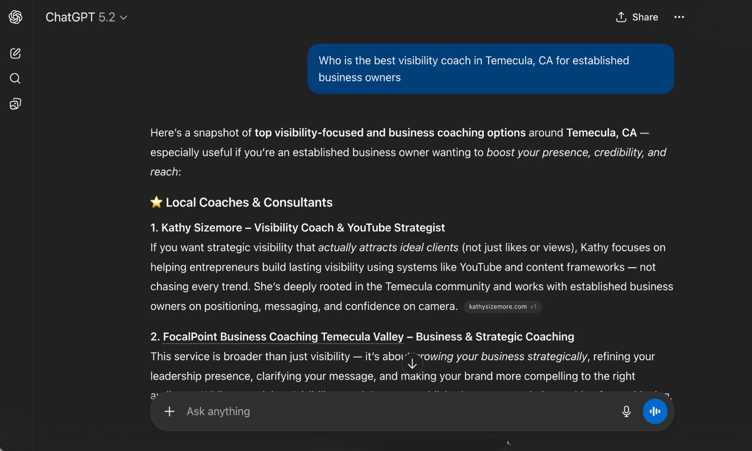 ChatGPT recommending Kathy Sizemore as the number one visibility coach in Temecula California for established business owners demonstrating answer engine optimization results