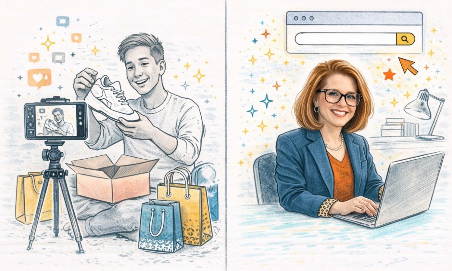 Sketch illustration comparing an influencer doing a product unboxing for social media sales versus a service business owner using YouTube for business search visibility