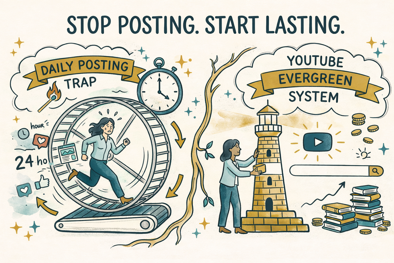 YouTube strategist approach compared to social media: evergreen content strategy versus daily posting