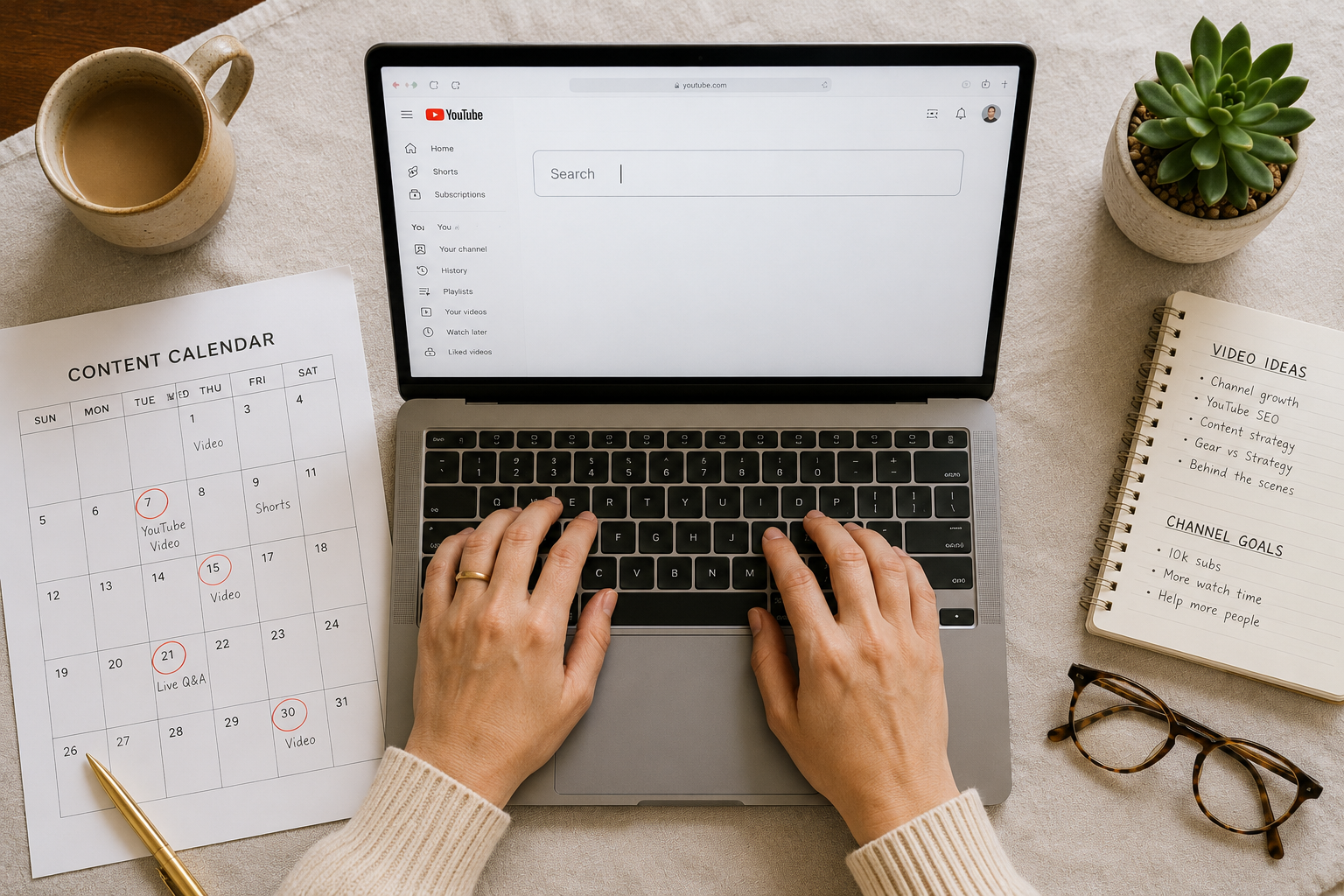 Business owner typing on a laptop with YouTube search bar open surrounded by a content calendar with video dates circled and a notebook of video ideas and channel goals