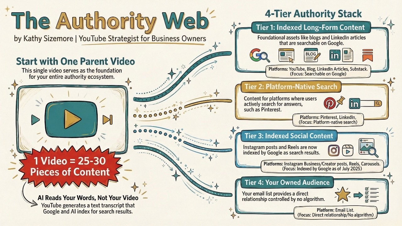 Answer engine optimization Authority Web framework diagram showing four content tiers by Kathy Sizemore